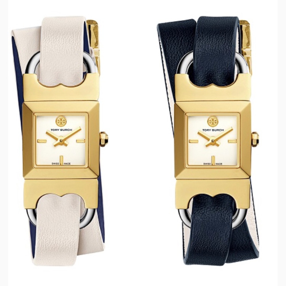 Tory Burch double t link leather gold watch navy